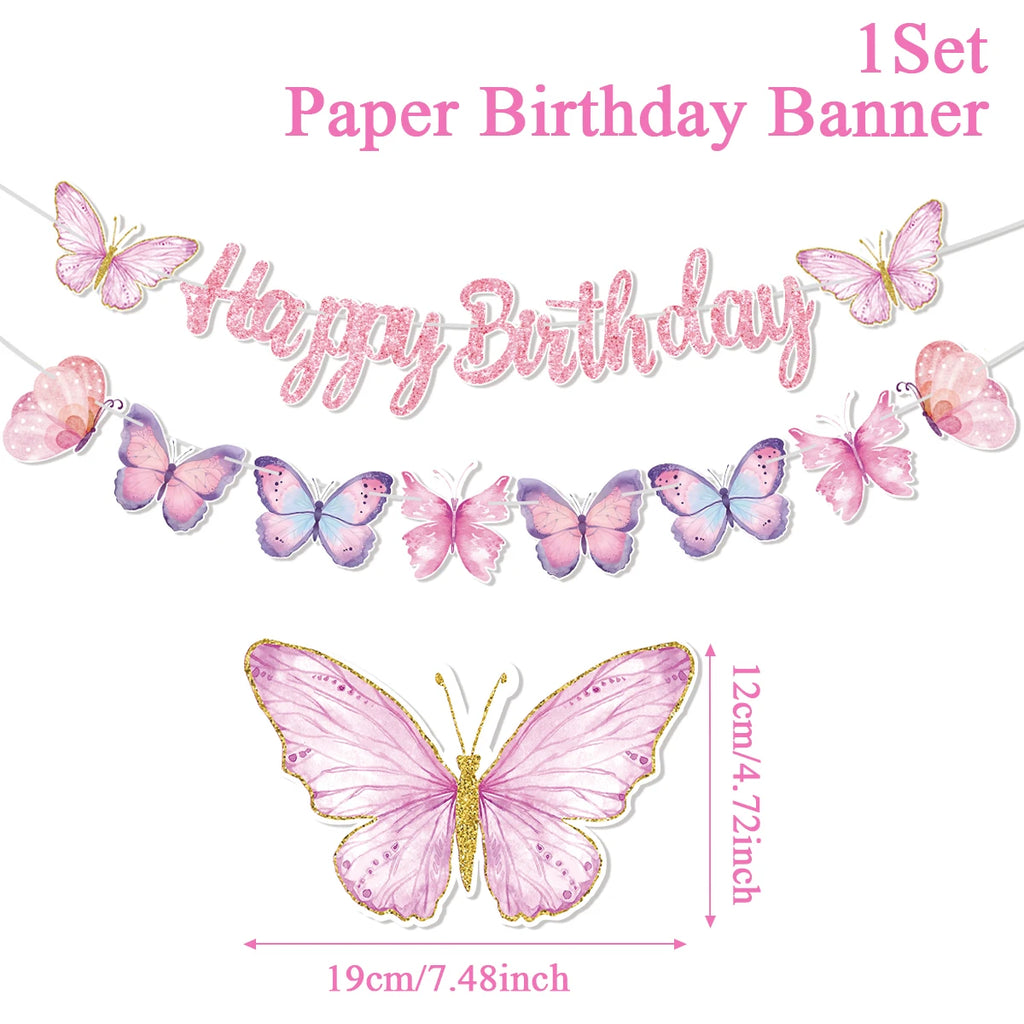 Pink Happy Birthday Banner — Butterfly & Pendant Garland Party Decoration
