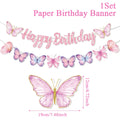 Pink Happy Birthday Banner — Butterfly & Pendant Garland Party Decoration
