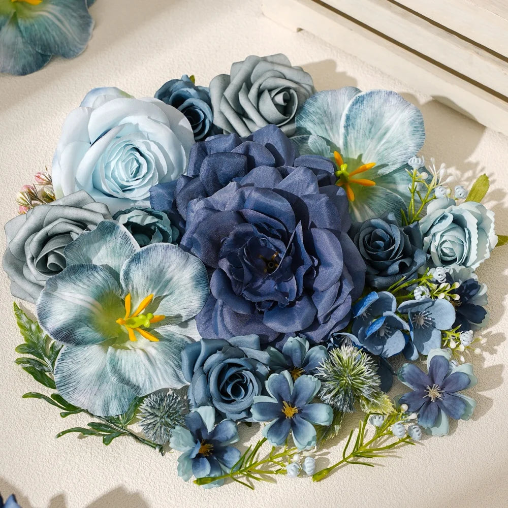 Blue Silk Artificial Flower Heads – 15 Pcs | Wedding, Home & Craft Decor