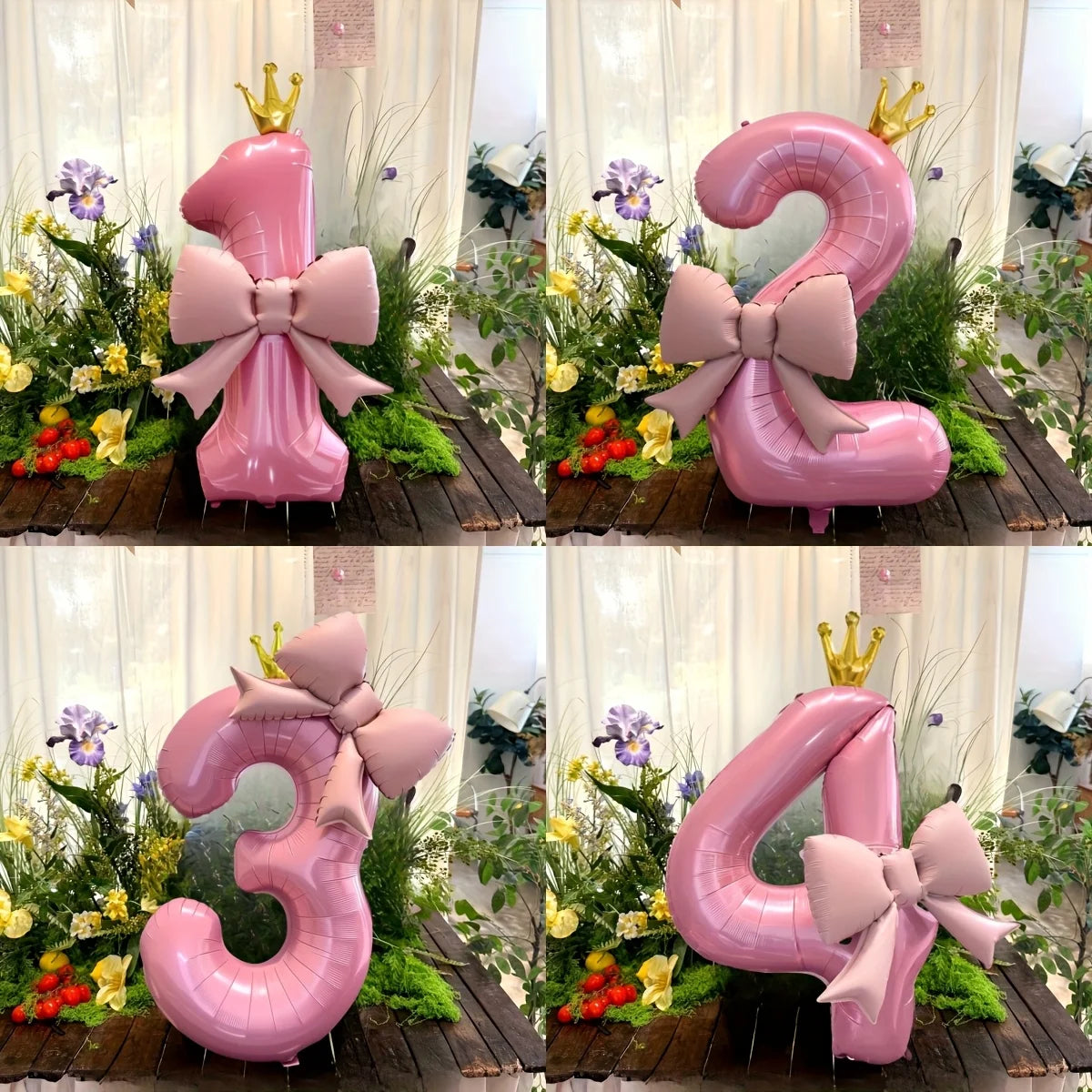 Pink Crown Number Foil Balloon with Bow – Birthday & Anniversary Decoration