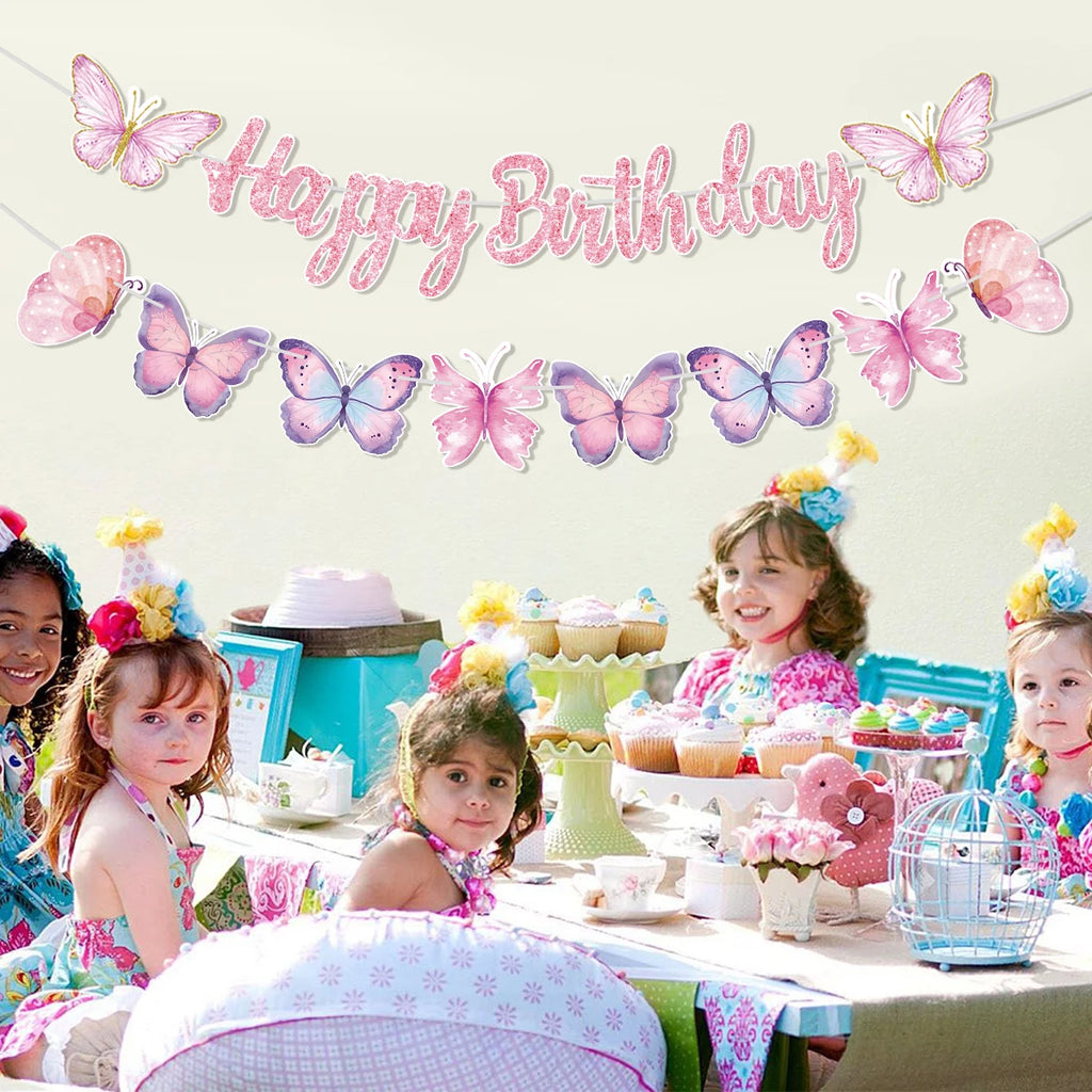 Pink Happy Birthday Banner — Butterfly & Pendant Garland Party Decoration