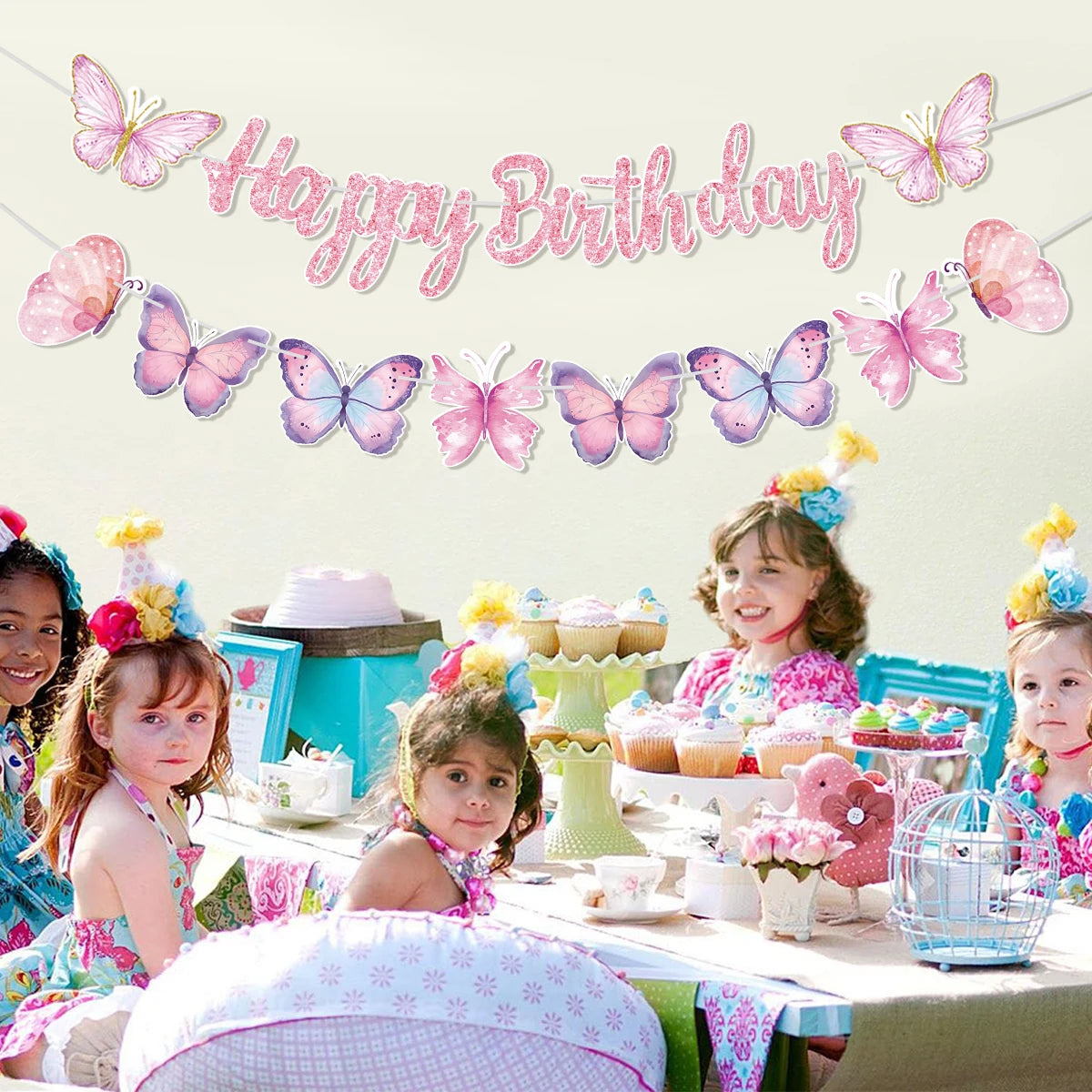 Pink Happy Birthday Banner — Butterfly & Pendant Garland Party Decoration