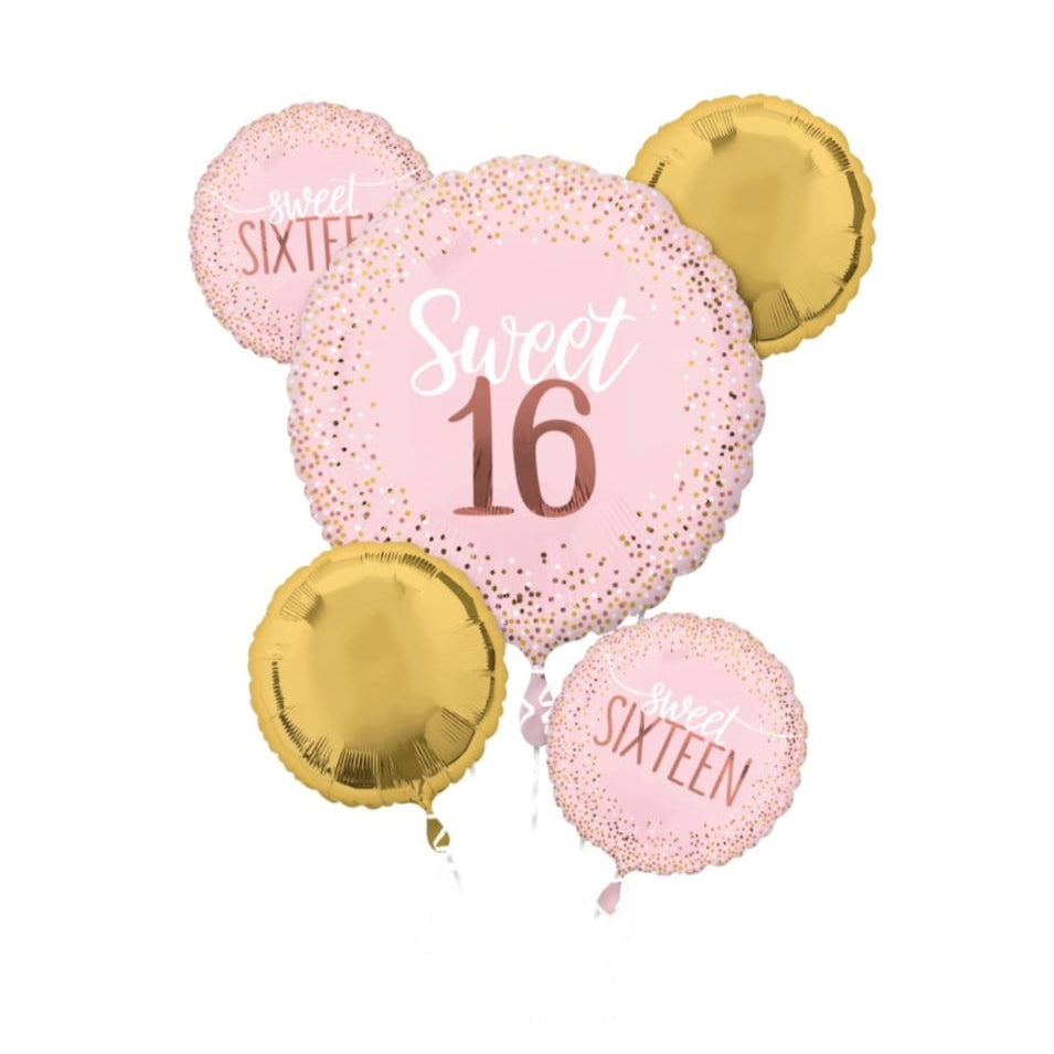 Pink and gold balloons with 'Sweet 16' text 