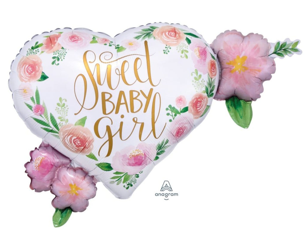 Heart-shaped balloon with floral design and 'sweet baby girl' text 