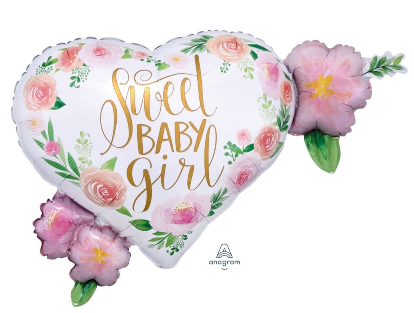 Heart-shaped balloon with floral design and 'sweet baby girl' text 