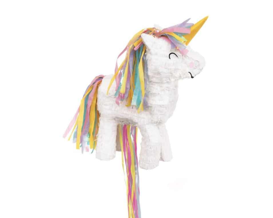 White Unicorn pinata with a rainbow mane and tail on a white background