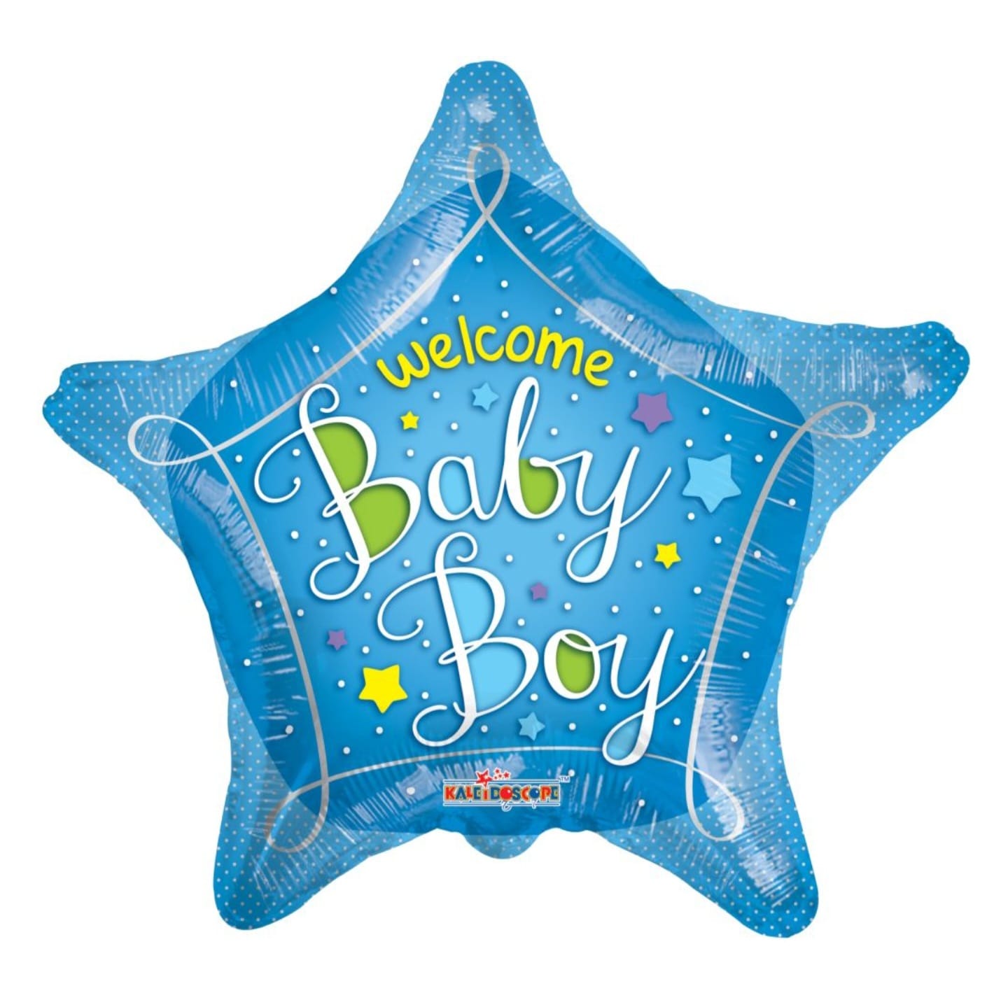 Blue star-shaped balloon with 'Welcome Baby Boy' text