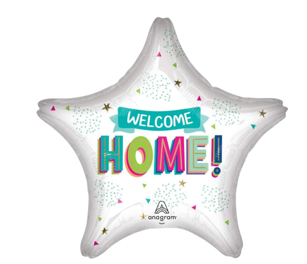 Star-shaped balloon with 'Welcome Home!' text 