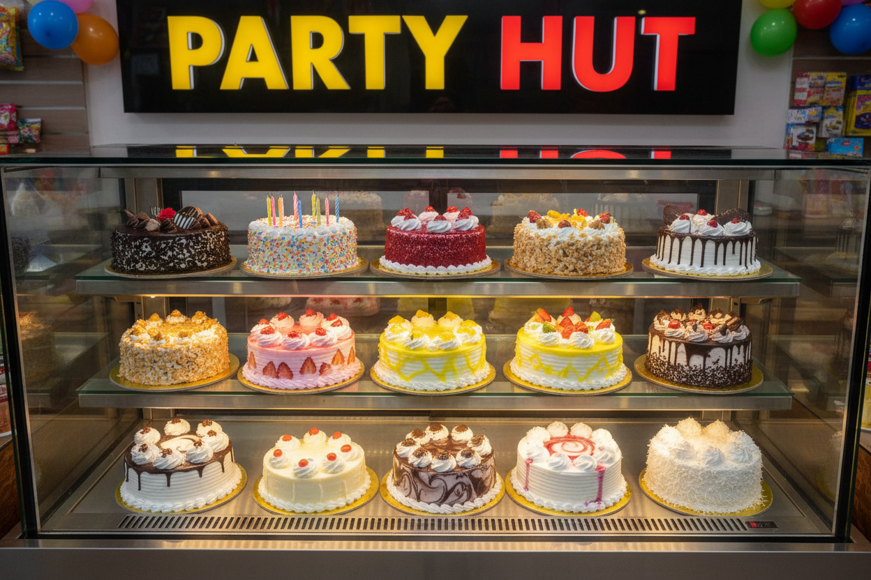 at least 15 type of cakes in showcase & Party Hut in bigger letters
