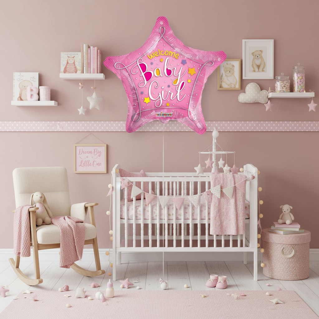 Baby Girl Pink Star Balloon with Background - Square