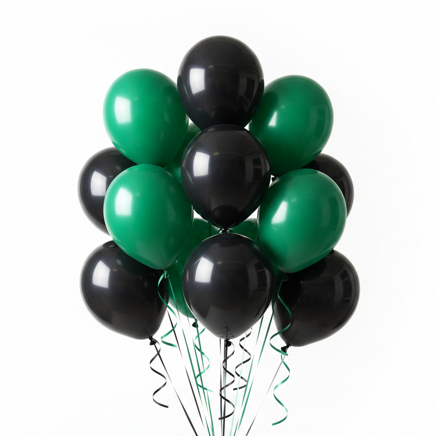 Black & Green Balloon Bouquet - Exactly 5 Black & 5 Green