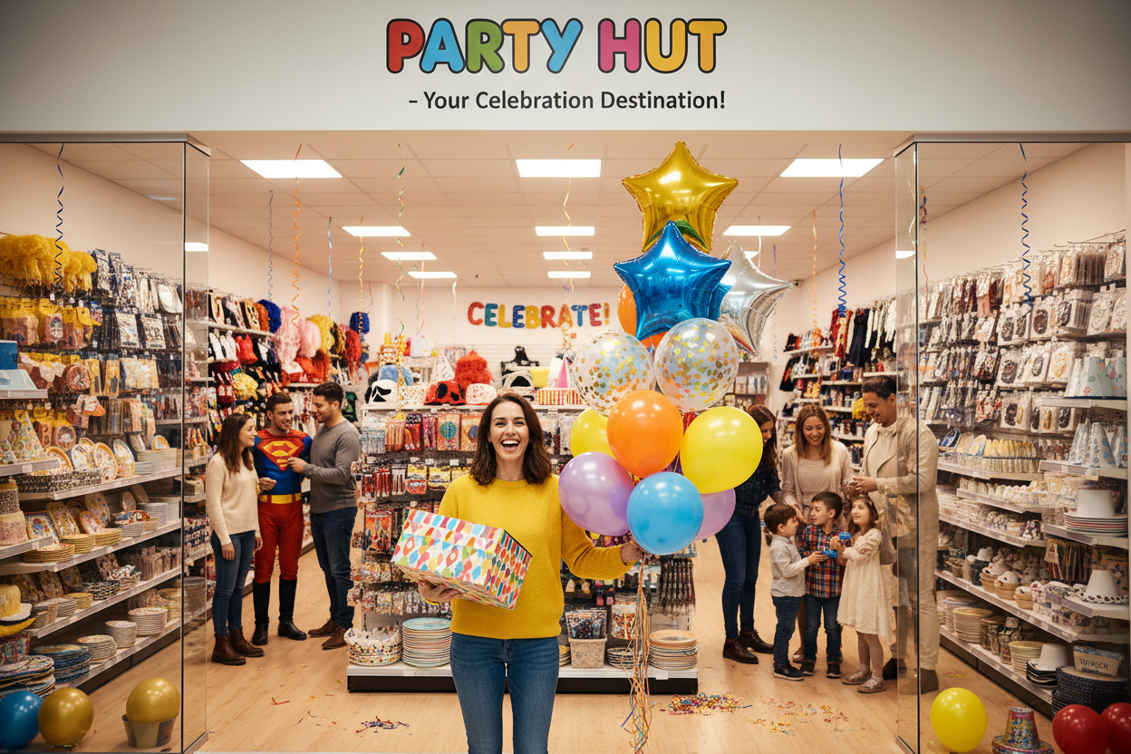 Customers shopping for balloons & Cakes at Party Hut, one or 2 images of customers holding cake box and Balloons and other are shopping