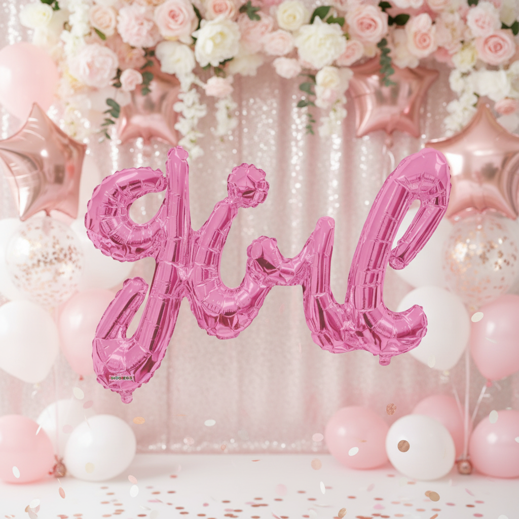 Girl Script Letters Pink Balloon with Party Background
