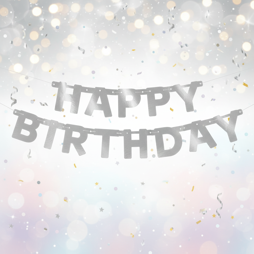 Happy Birthday Silver Banner with background