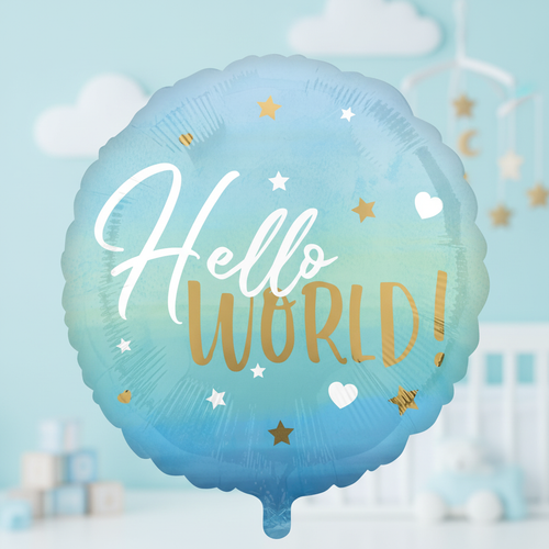 Hello World Blue Balloon with square background