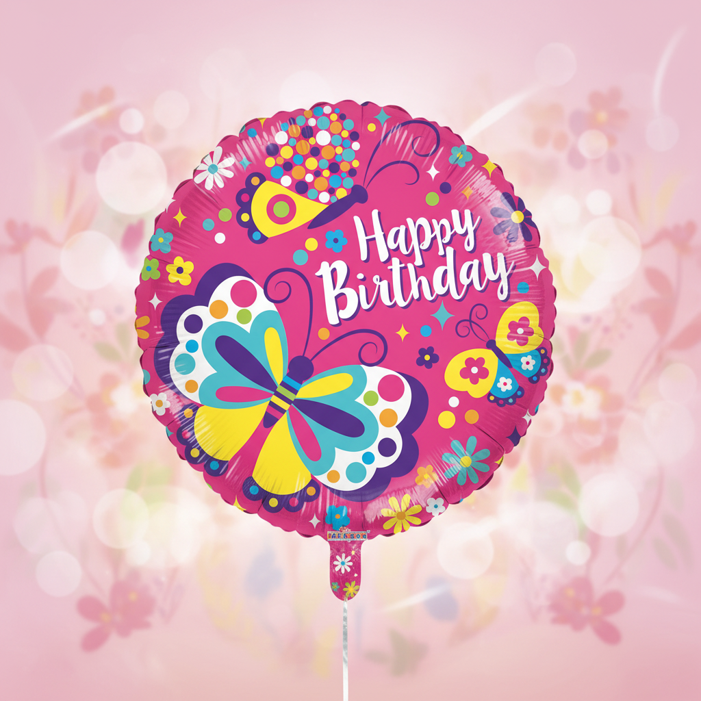 Pink Butterflies Happy Birthday Balloon with square background