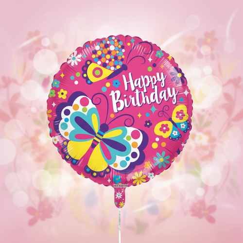 Pink Butterflies Happy Birthday Balloon with square background