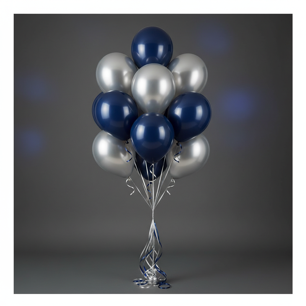 Silver & Navy Blue Balloon Bouquet - 10 Balloons