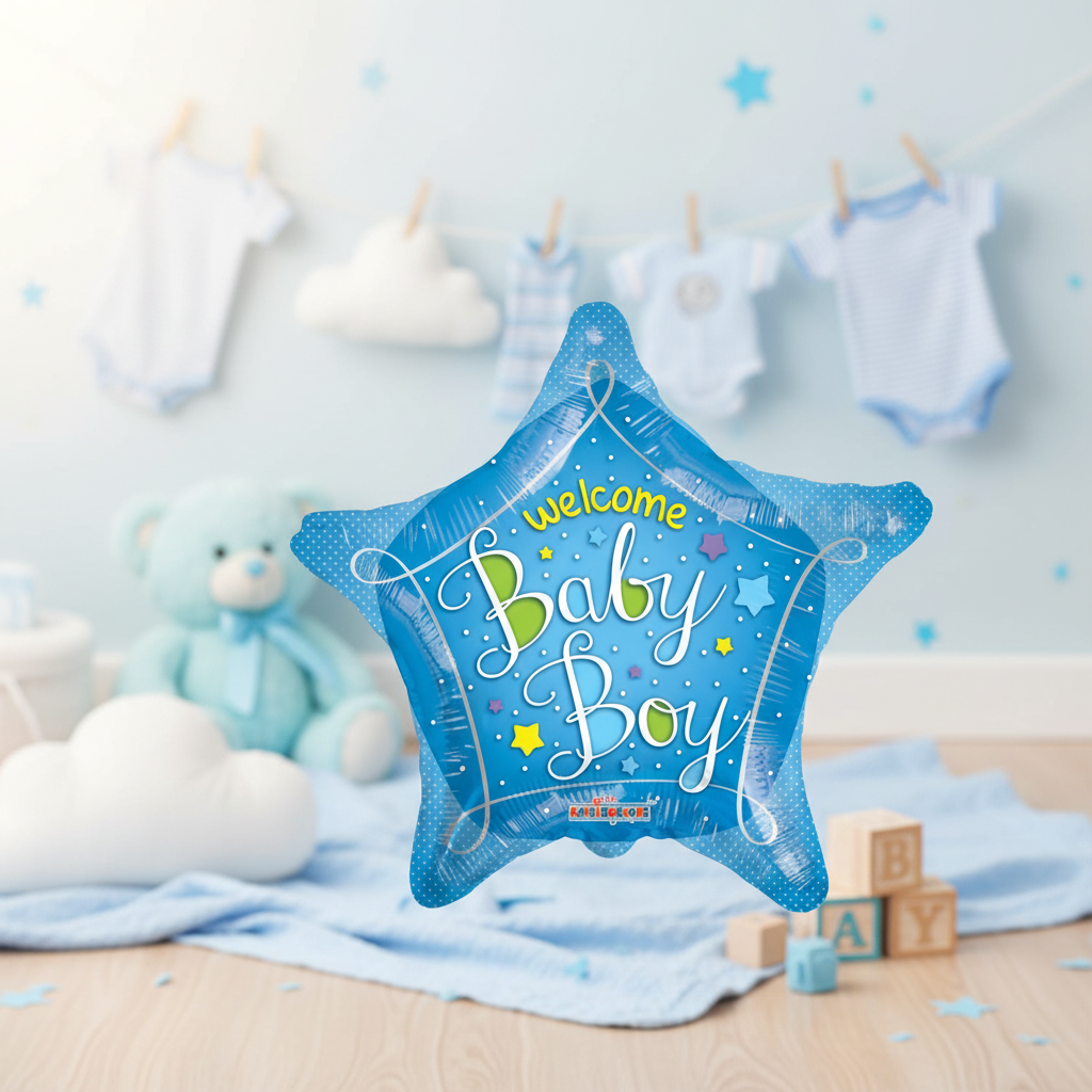 Welcome Baby Boy Blue Star Balloon with Background - Square