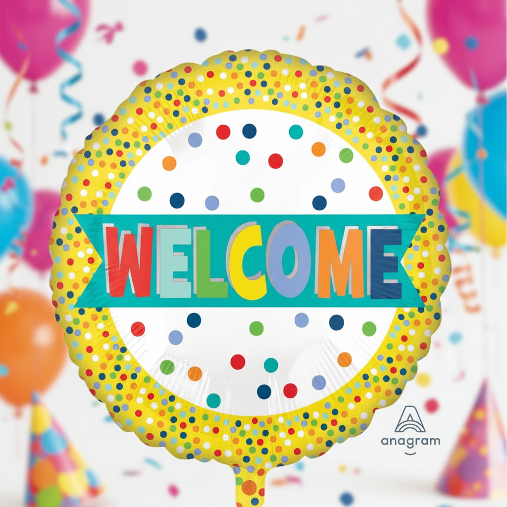 Welcome Balloon with Colorful Dots with square background