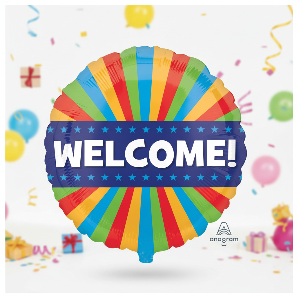 Welcome Balloon with Colorful Stripes with square background