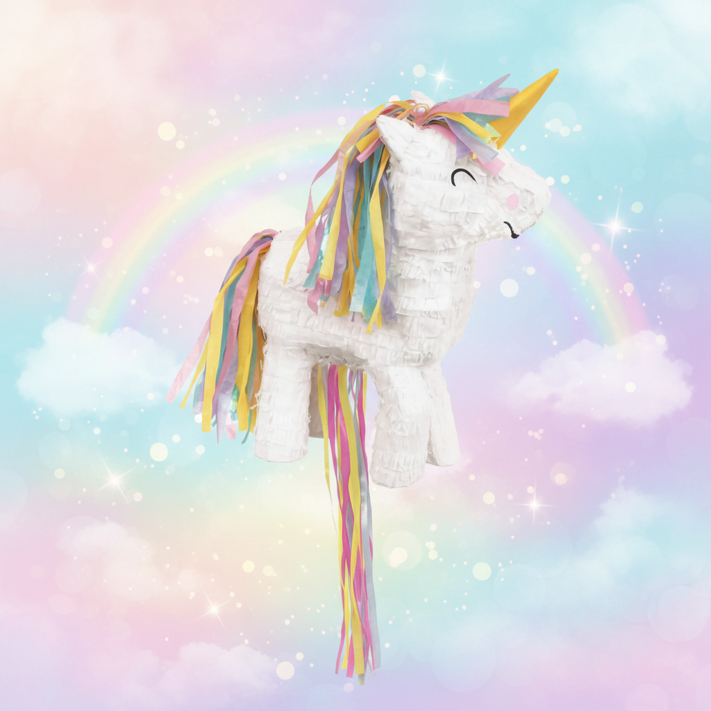 White Unicorn Piñata with Background