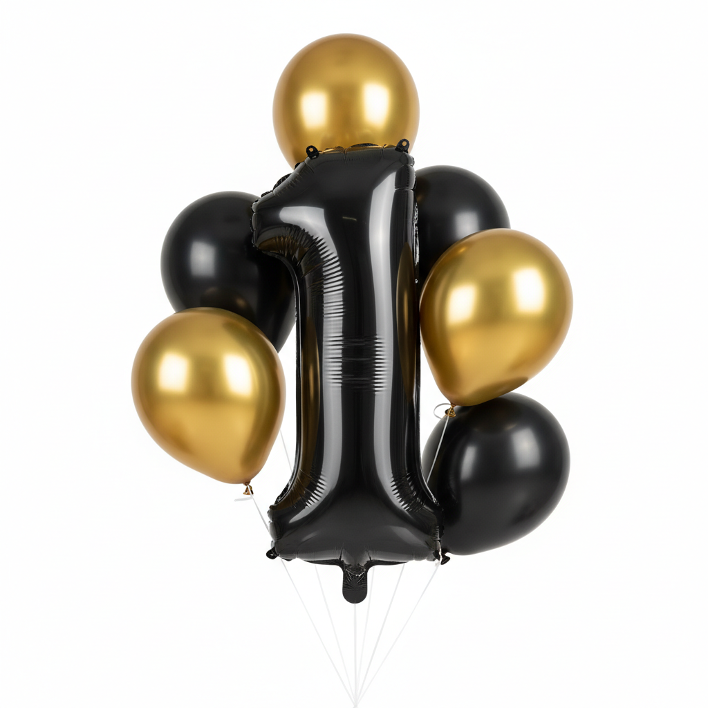 with 3 gold & 3 black latex balloons around number 1